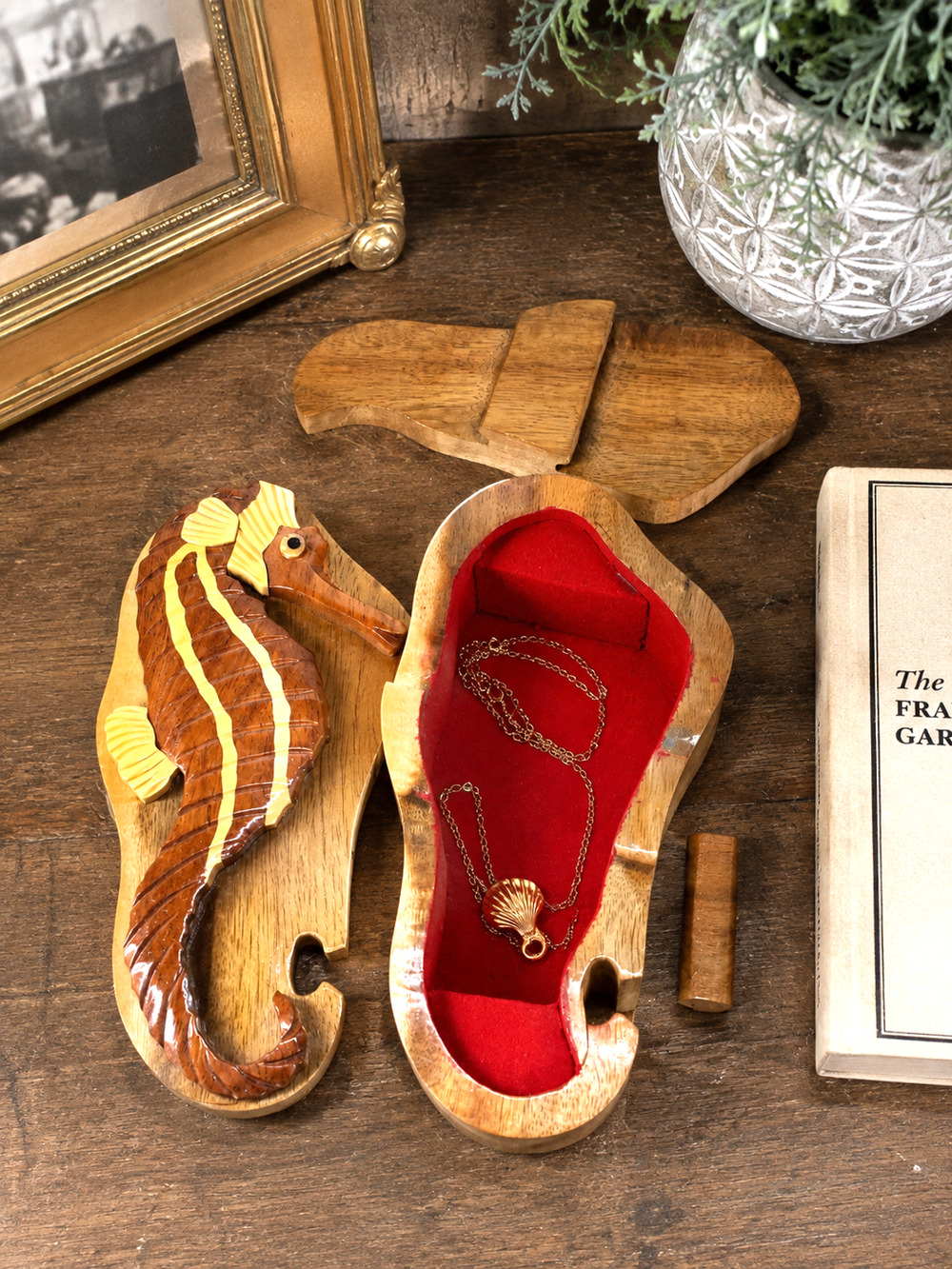 Hand Carved Wooden Seahorse Puzzle Box Secret Hidden Compartment Trinket Box
